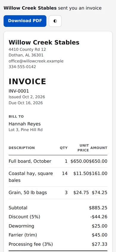 An invoice opened from the emailed link on a phone, with a Download PDF button